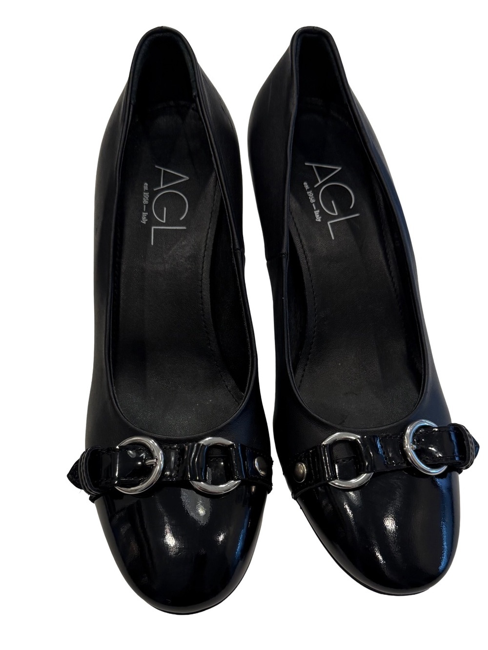 AGL Women’s Irina Cap Toe Block Heel Pump Back Leather Patent Toe Sz US8 EU38